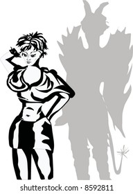 Illustration mit Schatten von Mädchen und Teufel