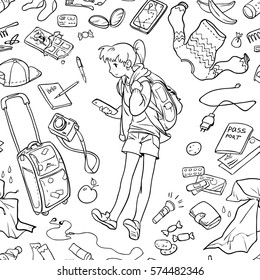 Illustration of girl and different stuff for traveling. Seamless pattern for coloring. Black and white, anti-stress. Adult and children coloring books.