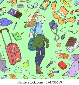 Illustration of girl with different stuff for traveling. Seamless pattern, colored elements on light green background.