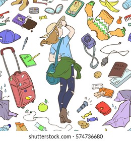 Illustration of girl with different stuff for traveling. Seamless pattern, colored elements on white background.