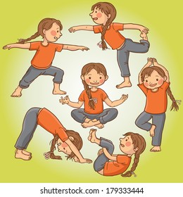 Illustration of Girl in different YOGA pose. Isolated objects. Children illustration for School books, picture books, magazines, advertising and more. Separate Objects. VECTOR.