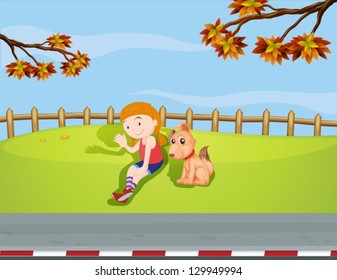 Illustration of a girl with a dog inside the fence