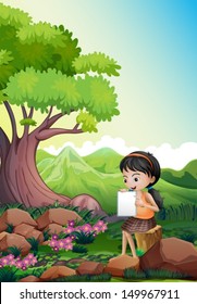 Illustration of a girl doing her assignment outdoor