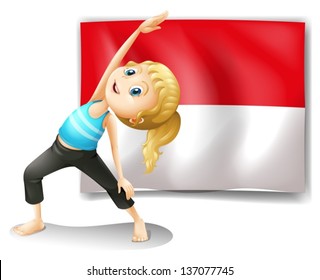Illustration of a girl doing her exercise in front of the Indonesian flag on a white background