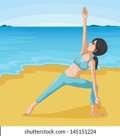 Illustration of girl doing her exercise at the seashore