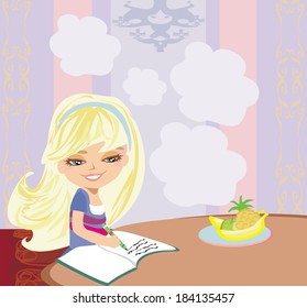 illustration of girl doing homework 