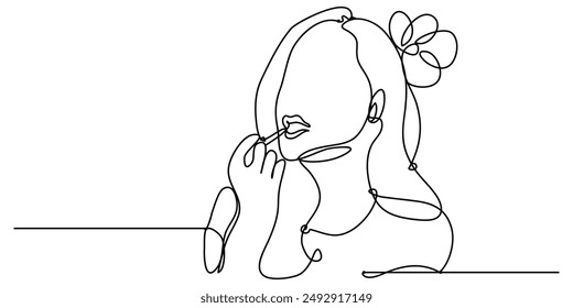 The Illustration of girl doing make-up with single line style. Which is made by hand drawn with single line. This line art can be use for advertisement, logo, icon, etc.