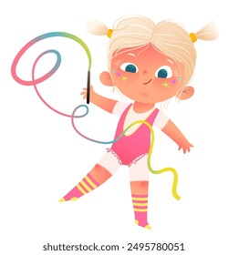 Illustration of a girl doing rhythmic gymnastics, child athlete performing with ribbon. Fun and healthy activity, youth sports and fitness. Colorful vector illustration for kids sport.