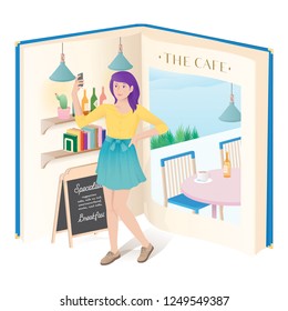 illustration of a girl doing selfie in the cafe