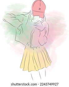 illustration of a girl doing selfie with her phone. with a line art and nice outfit and colorfull background. it can be used as a fashion icon