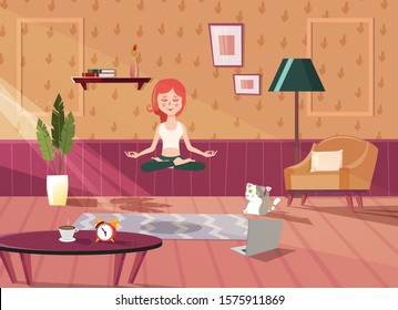 Illustration of a girl doing yoga at home in front of a laptop screen. Online courses and home training in yoga and fitness. Scene in the interior. The concept for infobusiness.