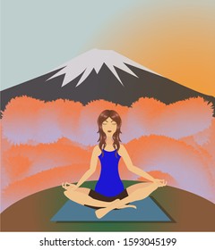 illustration of a girl doing yoga in the mountains