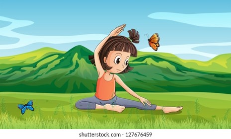 Illustration of a girl doing yoga near the hills