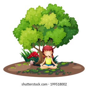 Illustration of a girl doing yoga under the tree on a white background