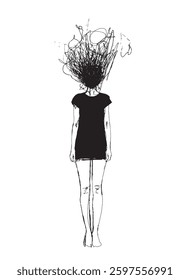 Illustration of a girl with doodles. Vector illustration. Scribble art. Head explosion. Line drawing. Girl in black dress. Girl silhouette. Random shapes