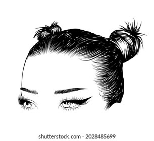 Illustration of a girl with double hair buns. Detailed eyebrows and natural eyelashes. Trendy makeup look with sharp eyeliner. Social media post, banner, illustration for business cards, salons.