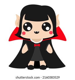 Illustration of a girl in a Dracula costume. Vector Halloween illustration. Cute little illustration Halloween for kids, fairy tales, covers, baby shower, textile t-shirt, baby book.