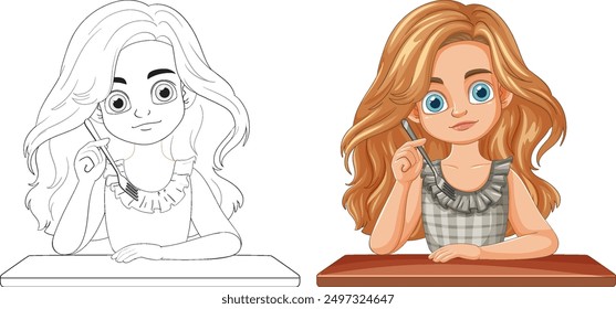 Illustration of a girl drawing with pencil