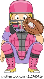 Illustration of a Girl Dressed in Baseball Gear Assuming a Catcher's Position