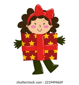 Illustration of a girl dressed as a Christmas gift
