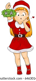 Illustration of a Girl Dressed in a Female Santa Claus Costume Holding Some Mistletoe