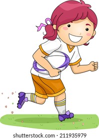 Illustration of a Girl Dressed in Rugby Gear Running Across a Field