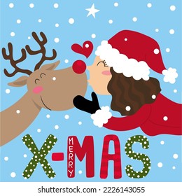  Illustration of a girl dressed as Santa Claus kissing rudolph the reindeer