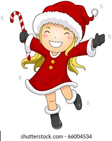 Illustration of a Girl Dressed in a Santa Claus Costume Leaping Playfully