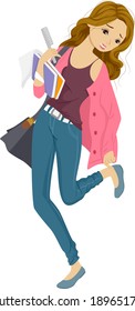 Illustration of a Girl Dressing Frantically to Make it to Class