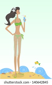Illustration of girl with drink on a beach
