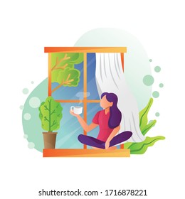 Illustration of girl drinking coffee at a window, Stay at home illustration flat style design isolated on white background