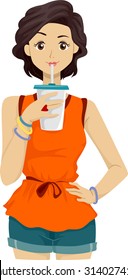 Illustration of a Girl Drinking from a Cup Using a Straw