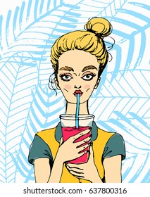 Illustration of a Girl Drinking from a Cup Using a Straw Smoothie. Cute cartoon style, modern and fresh image. Healthy advertising poster and banner. Hand drawn woman on tropical leaves background.