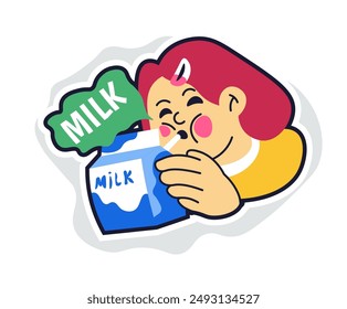  Illustration of a girl drinking milk from a carton in a cartoon style, isolated on a white background. This vector illustration is perfect for educational materials and children's products.