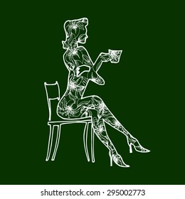 Illustration girl drinks coffee from a cup