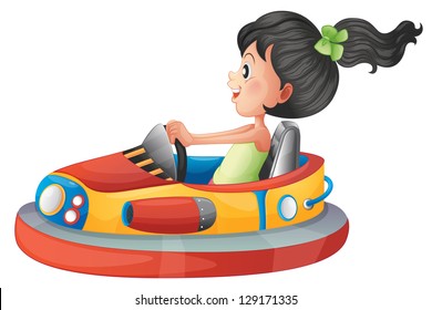 Illustration of a girl driving the bumpercar on a white background