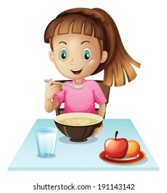 Illustration of a girl eating breakfast on a white background