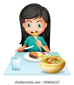 Illustration of a girl eating her lunch on a white background