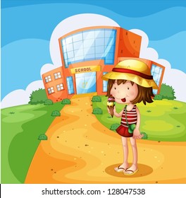 Illustration of a girl eating an ice cream near the school