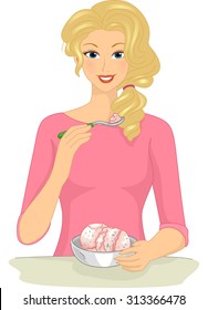 Illustration Of A Girl Eating Ice Cream From A Bowl