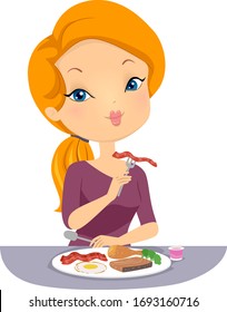 Illustration of a Girl Eating a Low Carbohydrate High Protein Meal with Bacon, Egg, Chicken and Fish