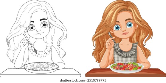 Illustration of a girl eating a salad