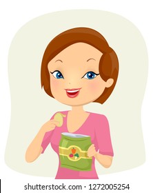 Illustration of a Girl Eating Vegan Chips with Vegetables Printed on the Packaging