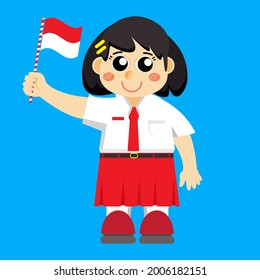 illustration of a girl in an elementary school uniform holding an Indonesian flag, suitable for Indonesia's 76th independence day, HUT RI, 17 august 1945, indonesian independence day, (dirgahayu indo)