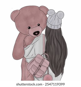 Illustration of a girl embracing a large teddy bear, featuring a pink backpack and cozy winter hat. The image portrays comfort, warmth, and childhood nostalgia in soft pastel tones.