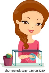 Illustration of a Girl Enjoying Cleaning the Aquarium with Cleaning Sponge, Wet Rag and Pail of Water