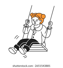 Illustration of a girl enjoying playfully swinging with smiles. Simple black outlines and orange hair create a joyful dynamic. Ideal for childrens themes.