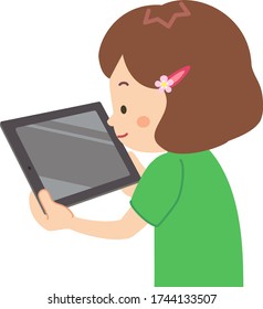 Illustration of a girl enjoying various things using a tablet