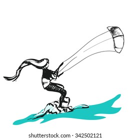 illustration girl enjoys kitesurfing 