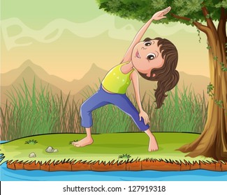 Illustration of a girl exercise under a tree